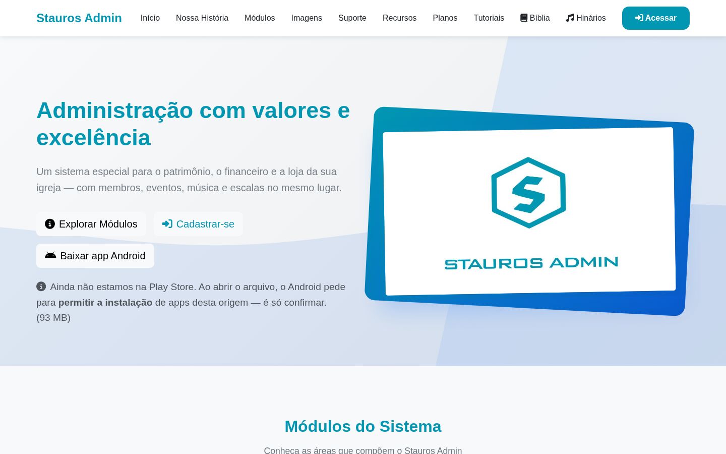 Página inicial do Stauros, com o botão de baixar o aplicativo Android
