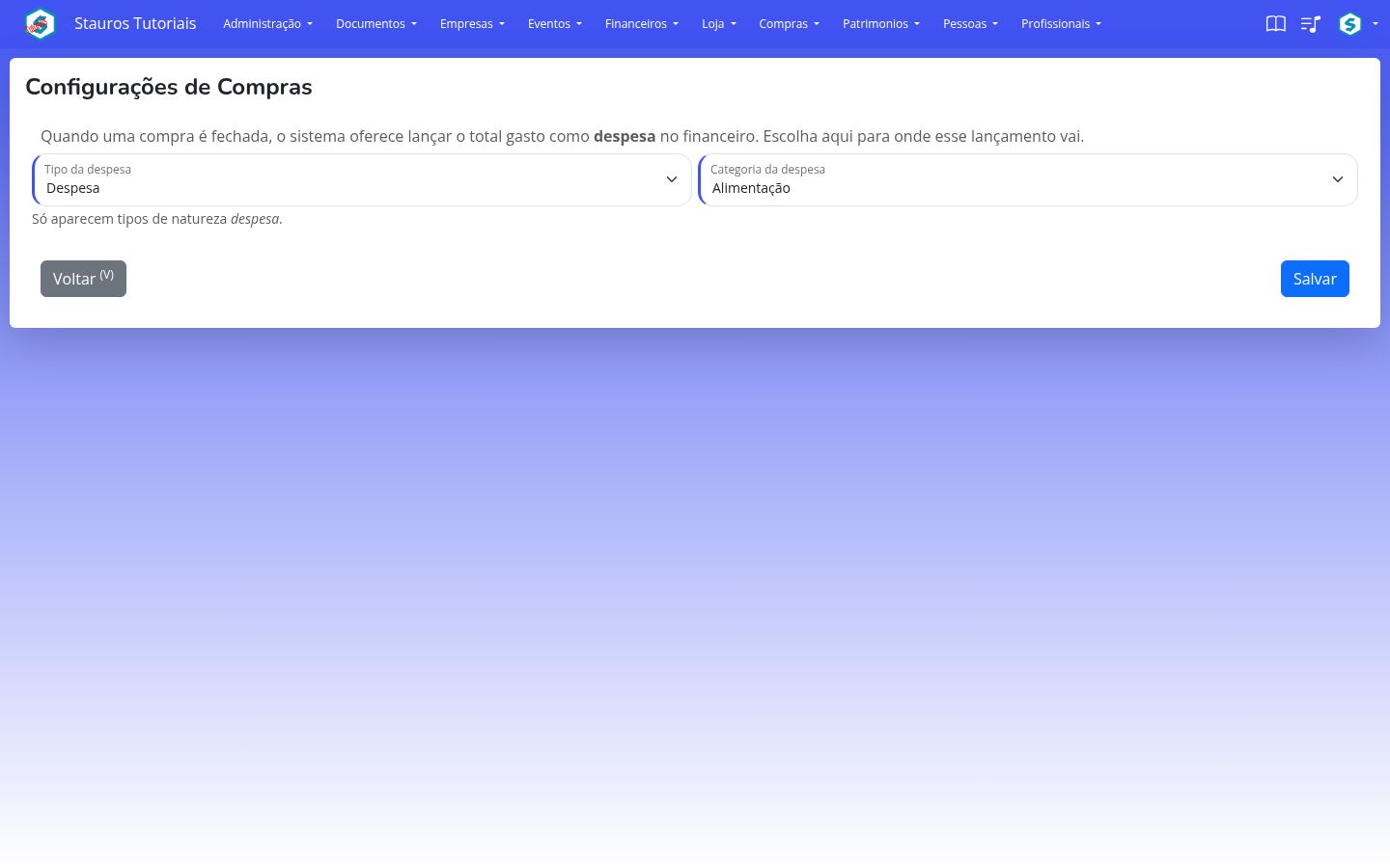 Configurações da lista de compras