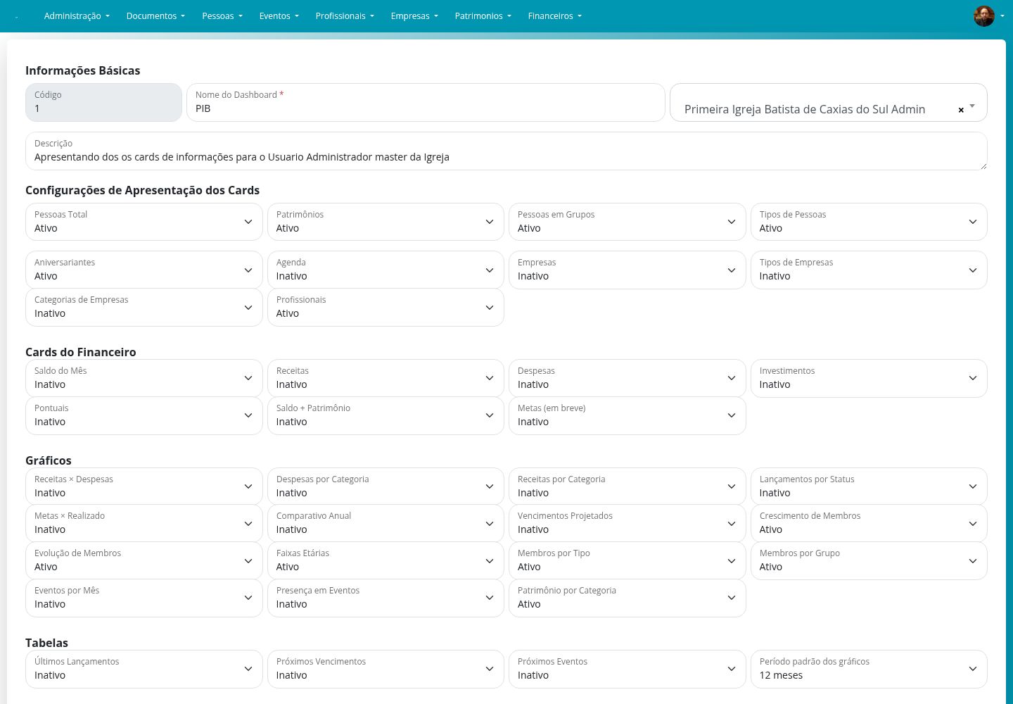 Tela de preferências do dashboard