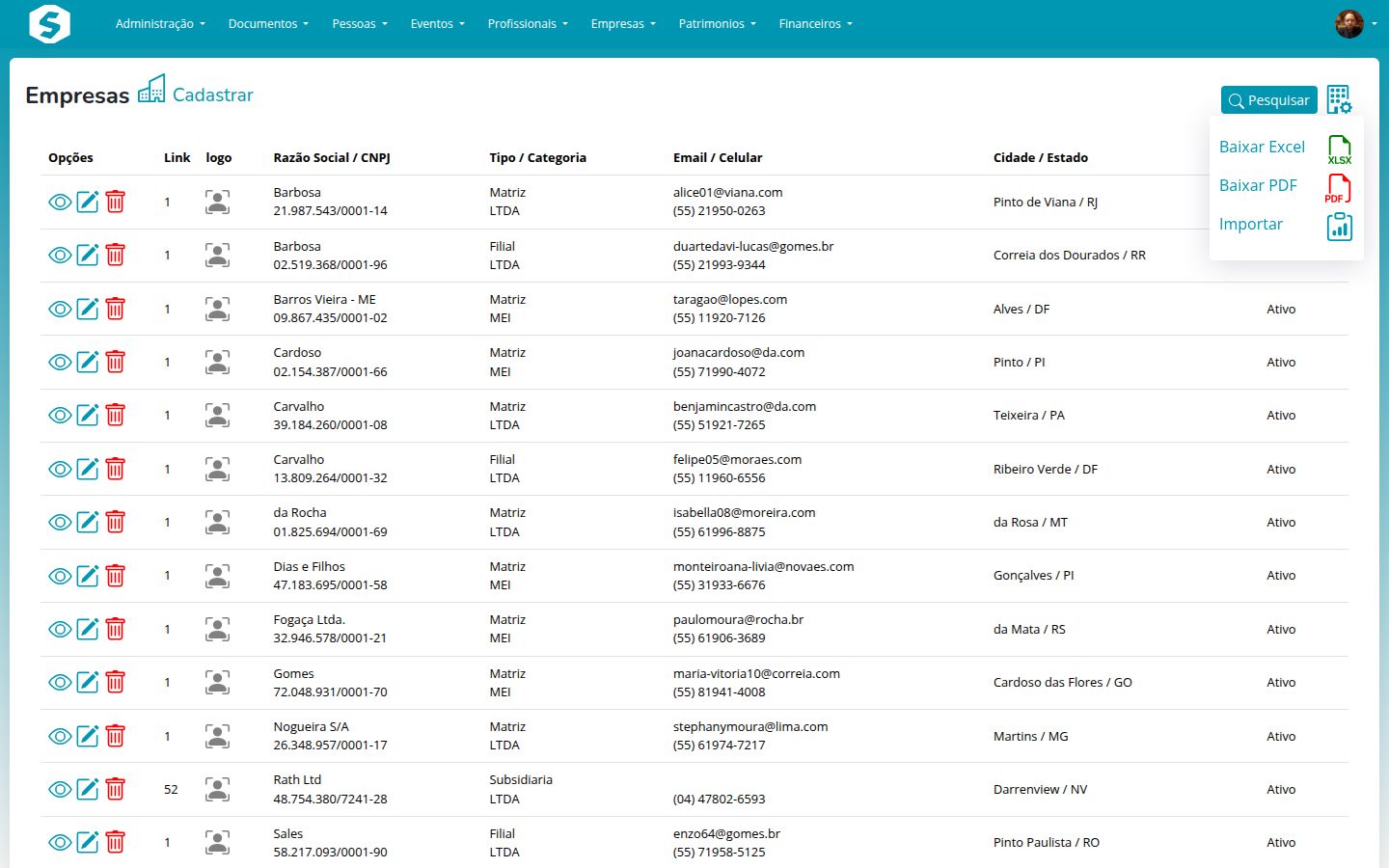 Menu de opções avançadas: exportar e importar empresas
