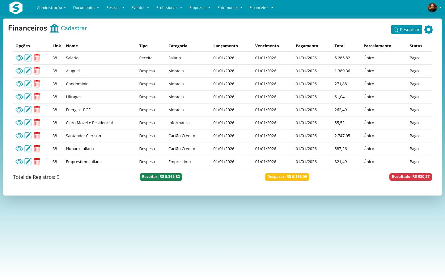Listagem de lançamentos financeiros
